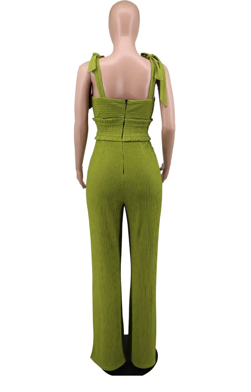 Fashion Women Bowknot Shoulder Spaghetti Strap Wide Leg Straight Jumpsuit 2023 Summer Pleated INS One Piece Set Playsuit