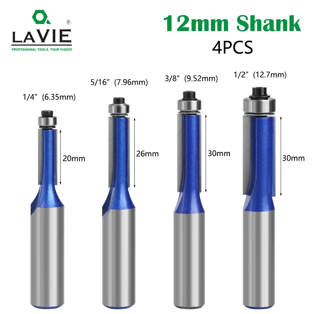 LAVIE 4pcs 12mm shank  high-quality Milling Cutter Flush Trim With Bearing Router Bit set for Woodworking H13016T4A