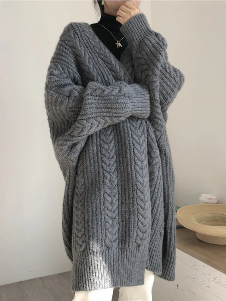 

New Korean Fashion Autumn Winter Medium Length Knitted Cardigan Thickened Loose Fried Dough Twist Sweater Jacket Women Cardigan