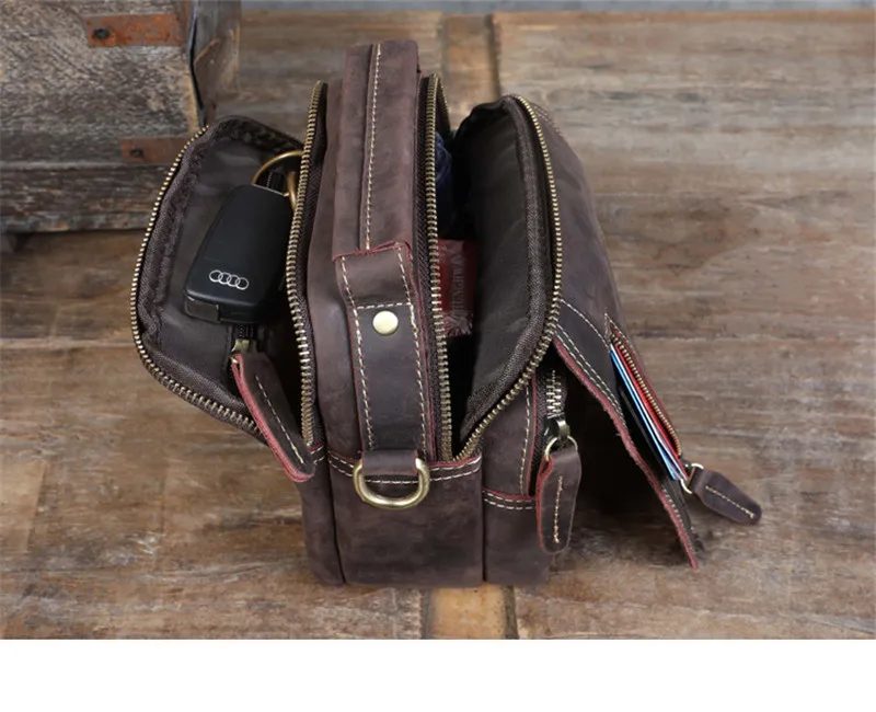 Retro fashion crazy horse leather men's small handbag daily weekend work party multi-pocket real cowhide shoulder messenger bag