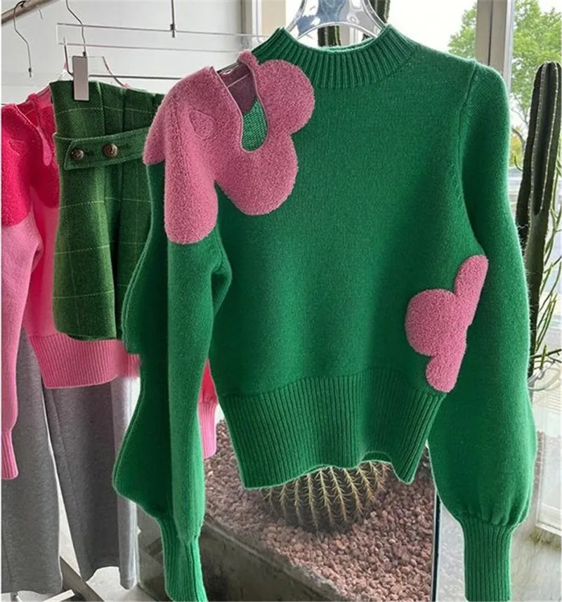 

Limiguyue Off Shoulder Wool Sweaters for Women Crochet Flower Jacquard Cashmere Pullovers Knitwear Puff Sleeve Jumpers Soft U995