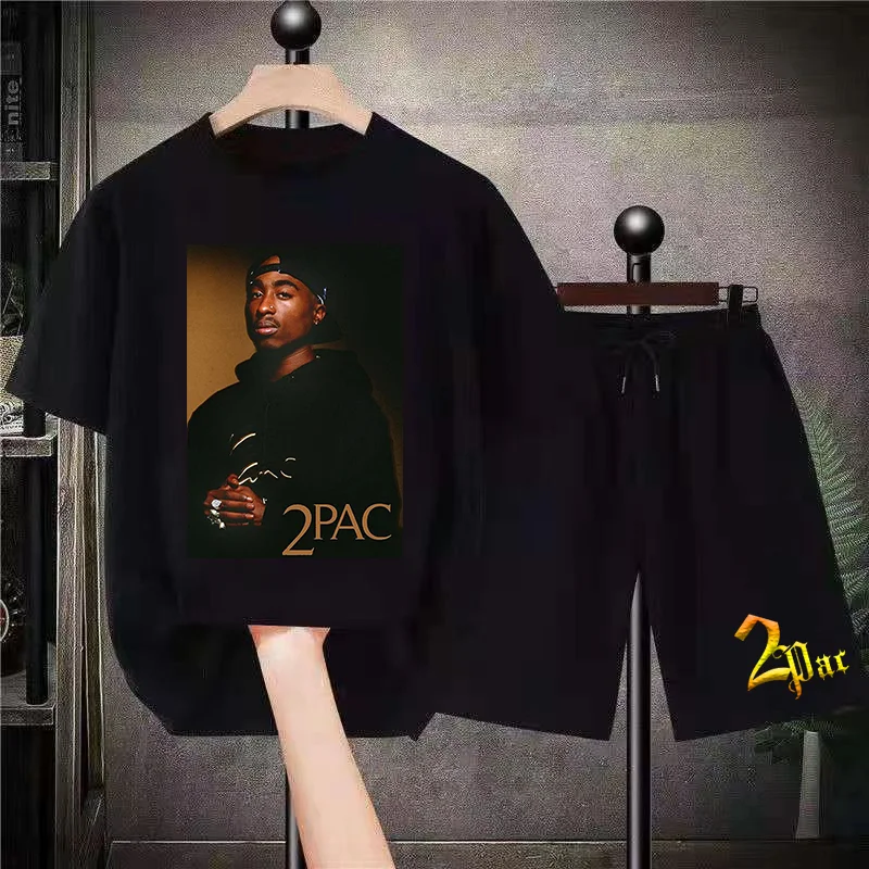 

2Pac Man's Sports Suit Print Jogging Breathable 2 Pieces Set 100% Cotton Tshirt Sweatpants Short Sleeve Tracksuit Free Shipping