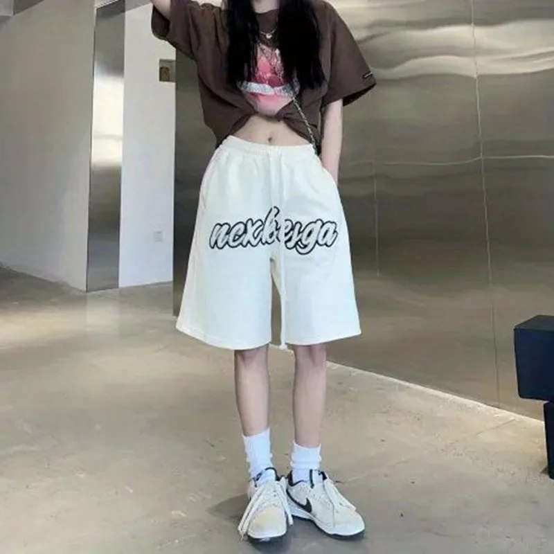 Vintage Shorts Women's Summer New Letter Embroidery High Waist Wide Leg Casual Basketball Short Pants Fashion