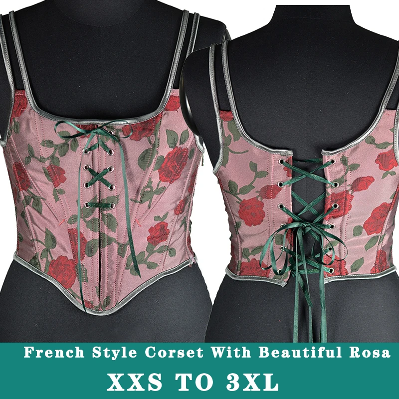 

Women Corset Crops French Style Corselet Rosa Push Up Body Bustiers Lace Up Bodices With Bones Short Vest Outwear Tank Tops