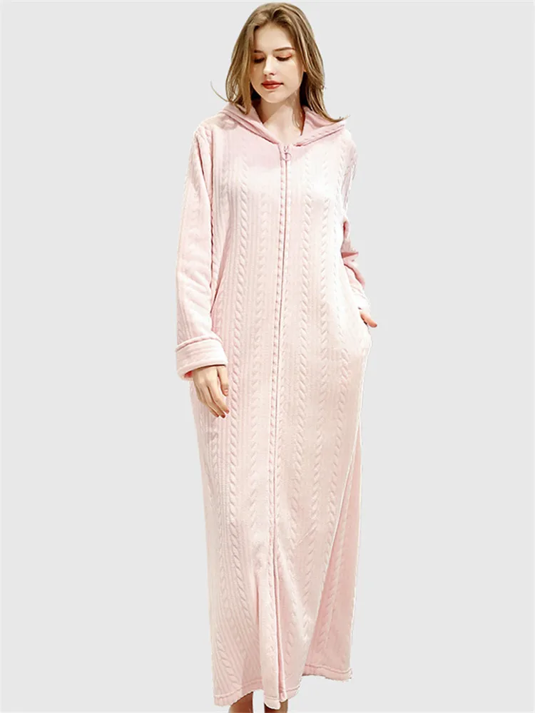 Men Winter Coral Bathrobe Warm Flannel Bath Cozy Robes Night Sleepwear Women Nightgown Zip Hooded