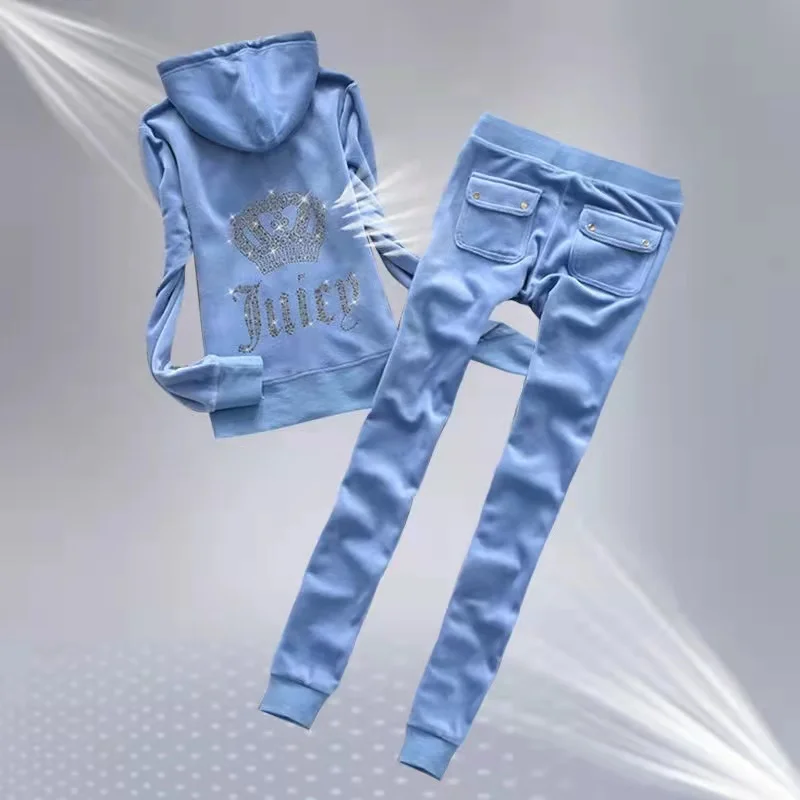 

Spring Fall Women 2 Piece Set Velet Tracksuits Clothes Hooded Sweatshirts Zipper Tops Joggers Pencil Pants Female Set S-2XL