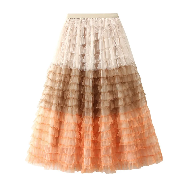 

hirigin Elegant Women Mesh Long Maxi Skirt Spring Summer Women Gradient Color Elastic High Waist Wide Hemline Half Layered Skirt