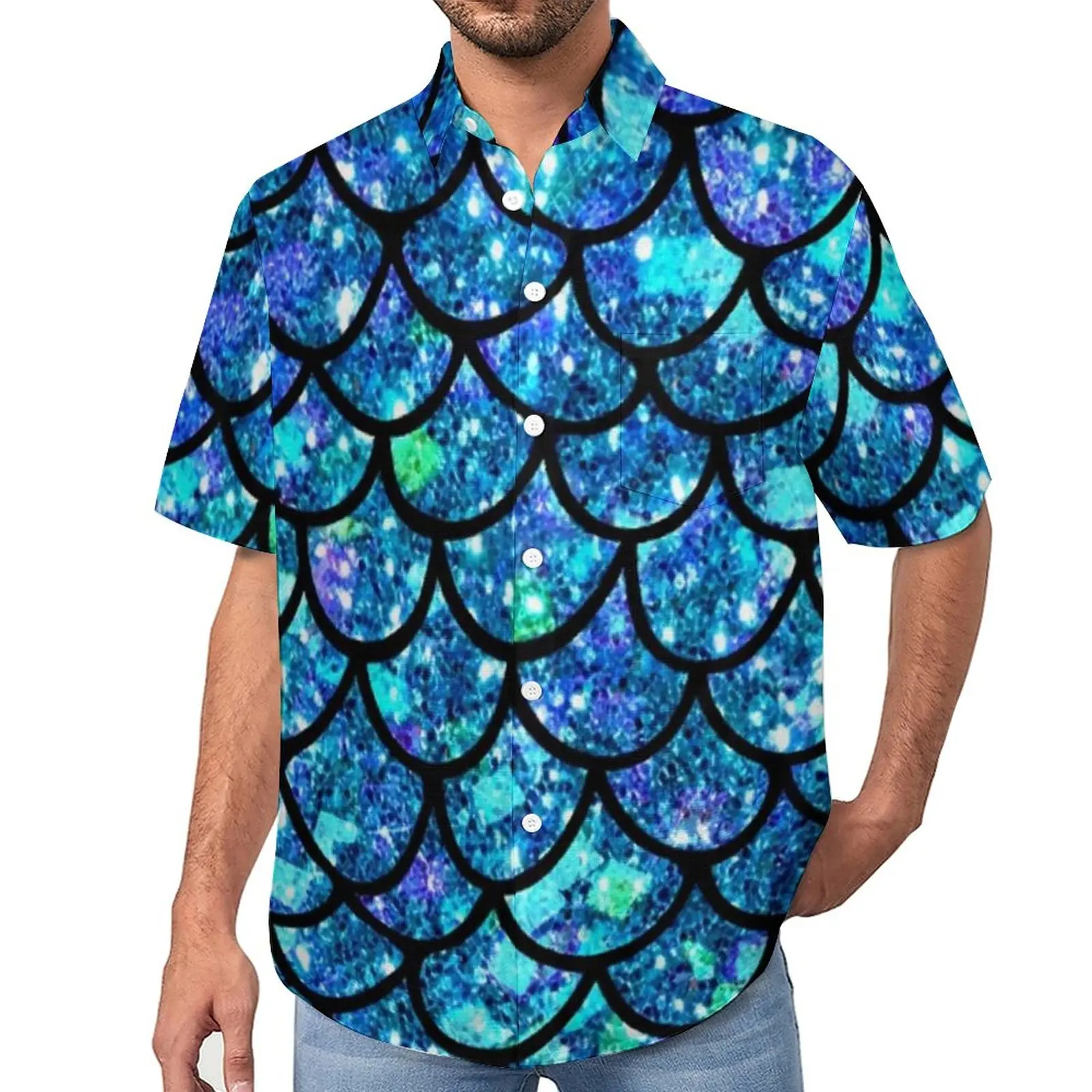 

Sparkly Mermaid Scales Beach Shirt Magical Colorful Print Hawaiian Casual Shirts Man Aesthetic Blouses Short Sleeve Custom Tops