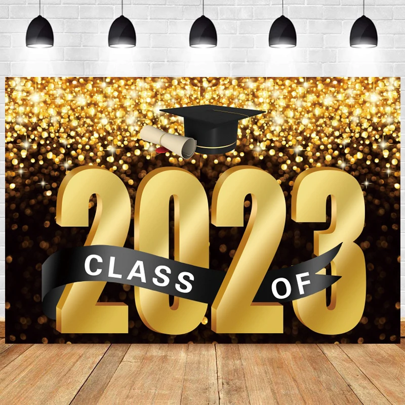 

Class of 2023 Graduation Party Backdrop Black Golden Glitte Congrats Grad Photography Background Prop Gold Dots Photo Banner