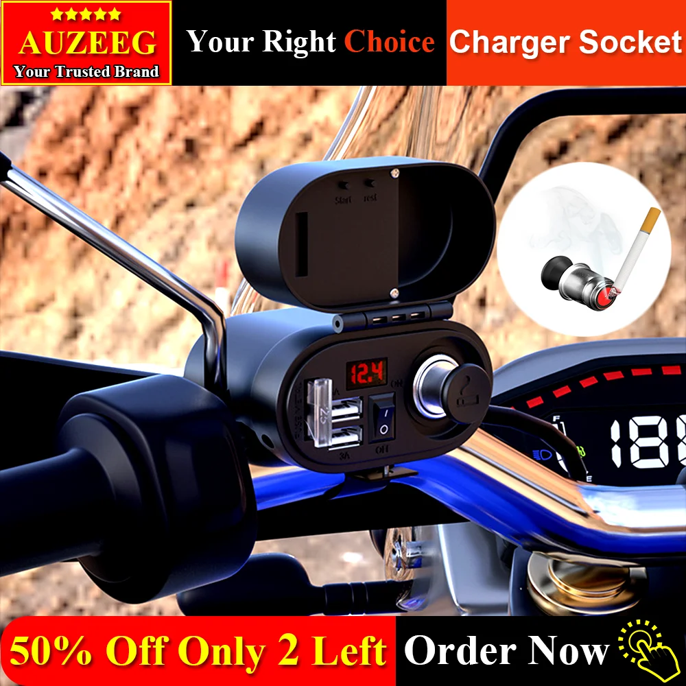 

Charger Socket Motorcycle Handlebar & Rear View Mirror Clamp Power Adapter Charger with Cigarette Lighter Socket,Clock,Voltmeter