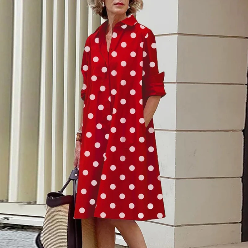 2023 summer women midi Dress casual lapel office Fashion female Shirt dresses loos vintage solid color polka dot drese for women