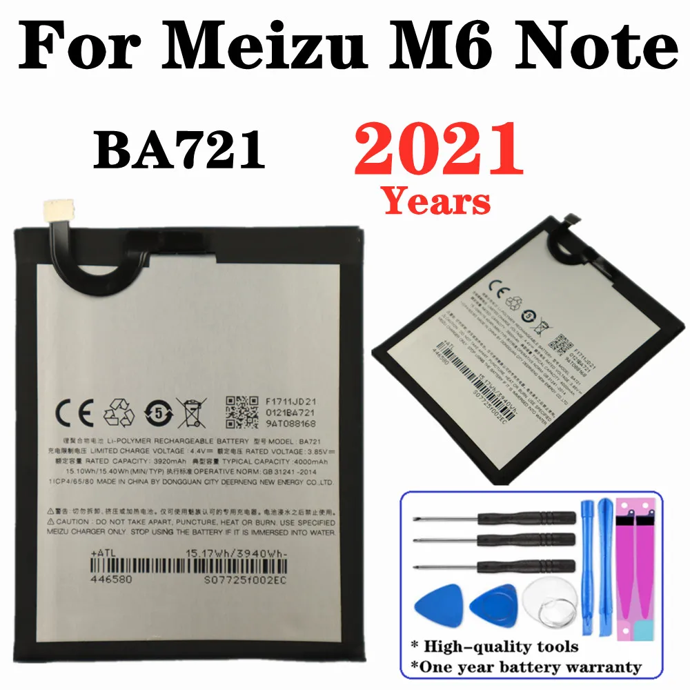 

2021 Years BA721 Battery For Meizu M6 Note M721H M721L Phone Battery 4000mAh High Quality Replacement Batteries With Tools