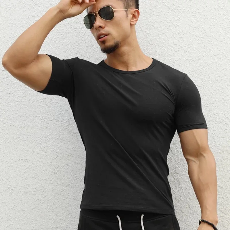 W1487 -Workout fitness men Short sleeve t shirt men thermal muscle bodybuilding wear compression Elastic Slim exercise clothing