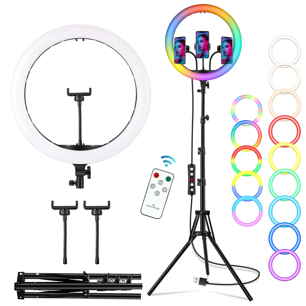 

16 Inch LED Selfie Ring Light RGB Dimmable Ring Lamp with 200cm Tripod Stand Photographic Live Lighting 3 Phone Clips Fill Light