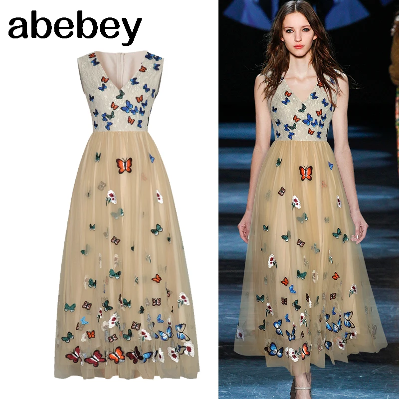 

Runway Designer Luxury Butterfly Embroidery A Line Party Dresses Lace Mesh Summer Princess Midi Long Vestidos Elbise