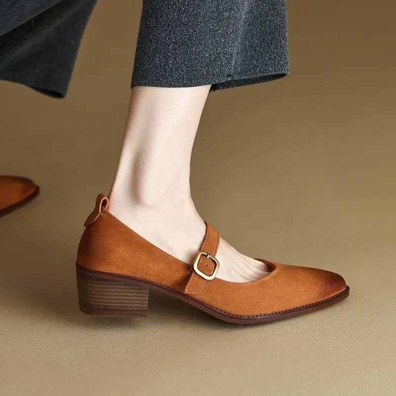 

Retro Cozy Med Heels Spring Autumn Mary Janes Simple Shoes On Heel 4CM French Style Sheepskin Pumps Women Buckle Strap Shoes