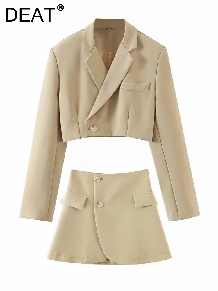 

[DEAT] 2023 Spring New Fashion V-neck Single Button Long Sleeve Blazer Coat High Waist A-line Skirt Women Suit 13A806