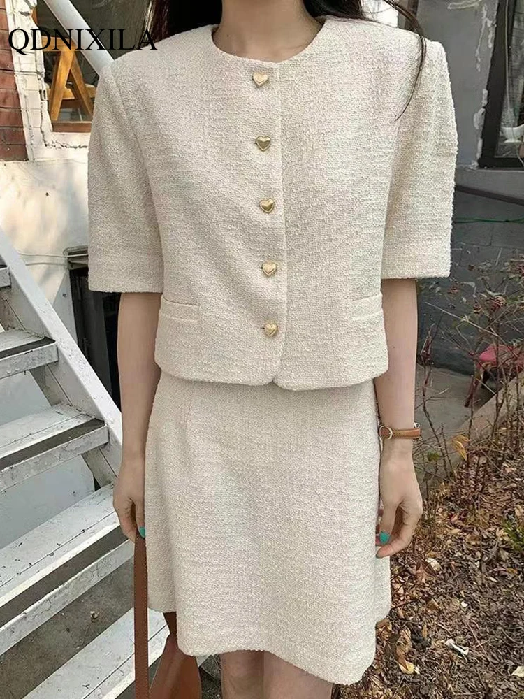 

Korean 2023 Spring Summer Women's Suits with Skirt Tweed Dress Sets Sweet Half Sleeve Short Top Short Skirt 2 Piece Set Outfits