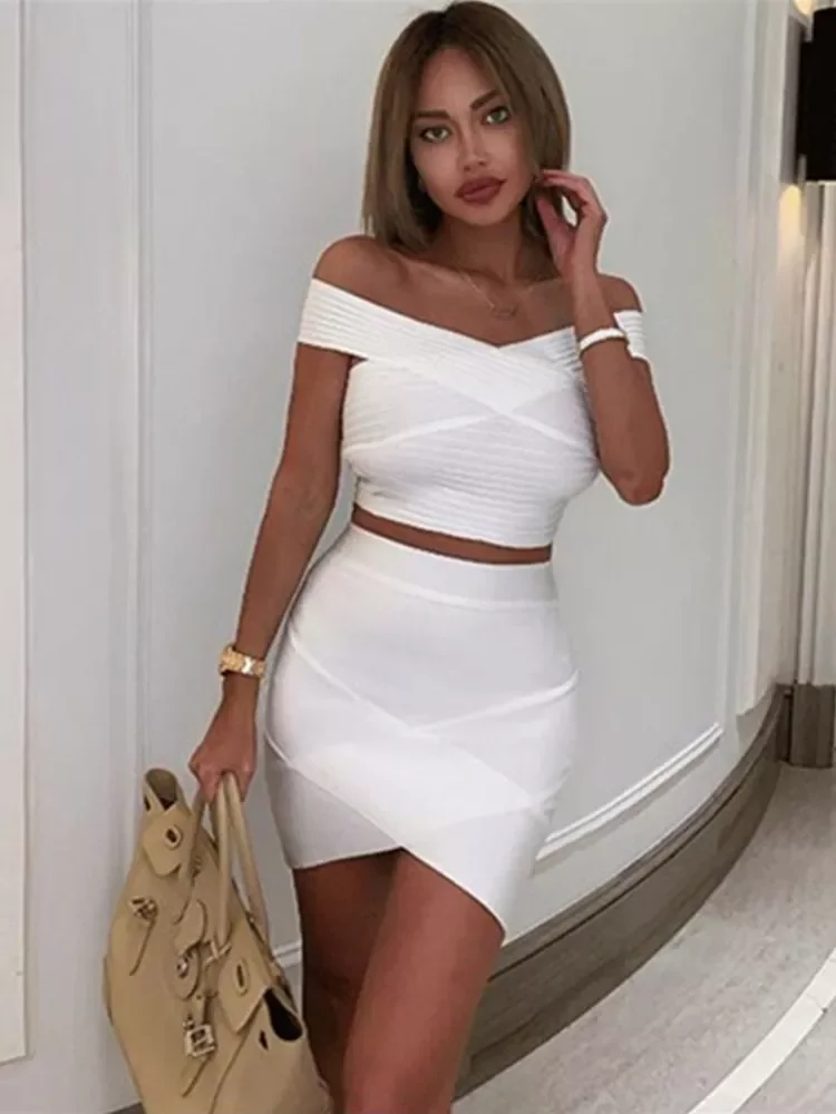 

NEW 2023 Shipping New Summer Dress Women 2022 Sexy Off the shoulder 2 Pieces White Bandage Dress Elegant Party Dress Vestido