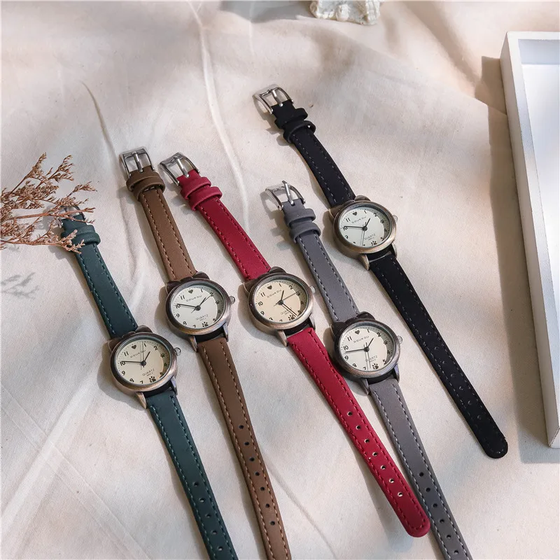Cat Vintage Case Design Fashion Women Watches Simple Leather Wristwatches For Girls Retro Female Quartz Clock Gifts W9945 enlarge