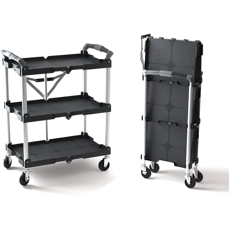 

Olympia Tools 85-188 Pack-N-Roll Folding Collapsible Service Cart, Black, 50 Lb. Load Capacity per Shelf,Hotel Trolley