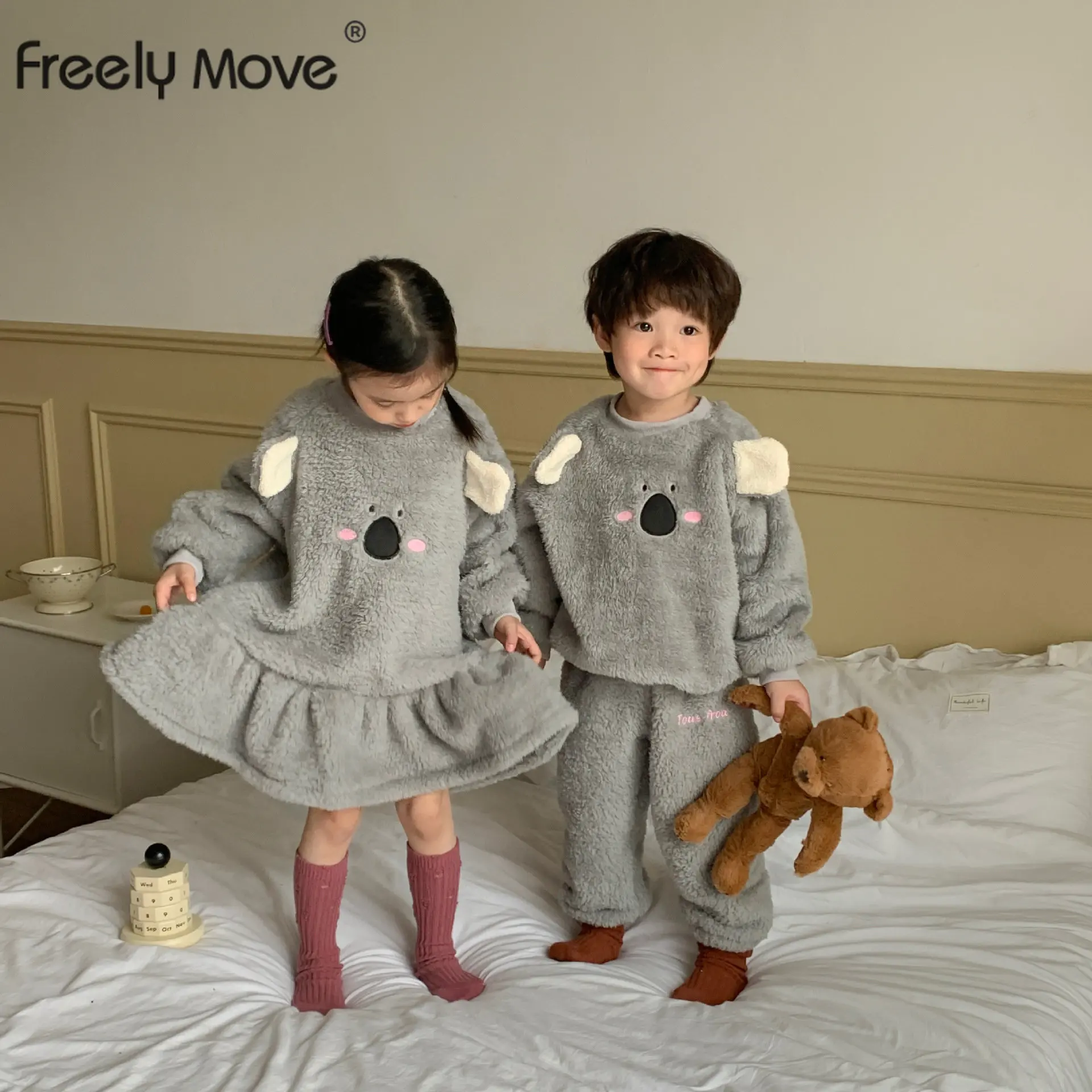 Freely Move Kids Flannel Pajama Sets Boys Girl Winter Thicken Warm Cartoon Home Wear Children Long Sleeve Sleeping Clothing Sets