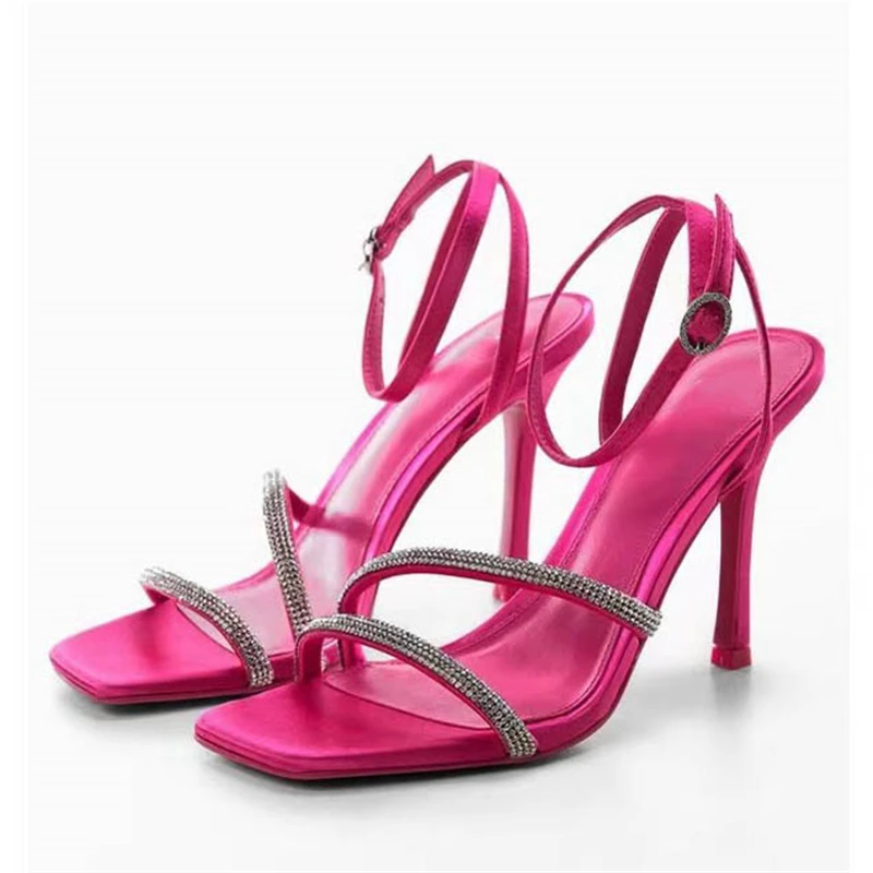 

Rhinestone Sandals Women's High Heeled Strappy Woman Summer Rose Red Wedding Bride Party Roman Pumps Shoes