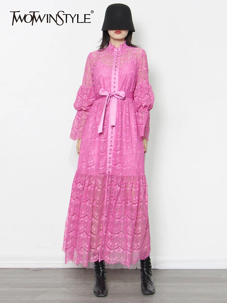 

Женское кружевное платье TWOTWINSTYLE, элегантное весеннее платье со стоячим воротником, длинным рукавом и высокой талией, новинка 2022