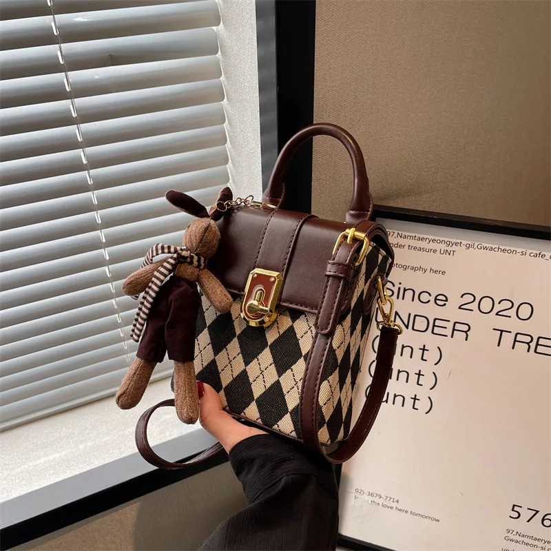 

Netizen Texture Small Bag for Women 2023 New Fashion Canvas Crossbody Bag Checked Women's Handheld Small Square Bag