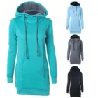 Женское зимнее платье, Повседневный пуловер с длинными рукавами и карманами, платье с капюшоном, свитшот на талии, топы, женская одежда, Женское зимнее платье