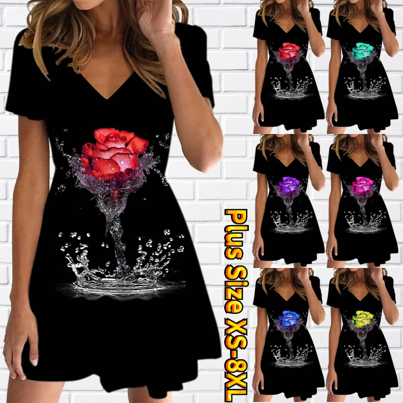 

Sexy Slim Dress Daily Retro Slim Skirt Summer Fashion New Design Printing Short Sleeve Skirt Women's V-Neck Knee-length Skirt