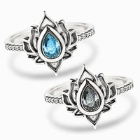 boho vintage women lotus ring water drop flower diamond ring charm silver zircon crystal ring fashion wedding party jewelry gift