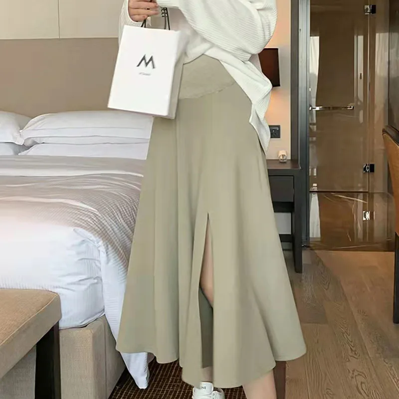 

8825# Summer Casual Maternity Skirts Side Splits Hot A Line Loose Clothes for Pregnant Women Elastic Waist Belly Pregnancy Ins