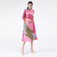 2022 miyake pleated dress women hit color geometric with belt sashes over size long sweet casual new autumn fashion tide dress