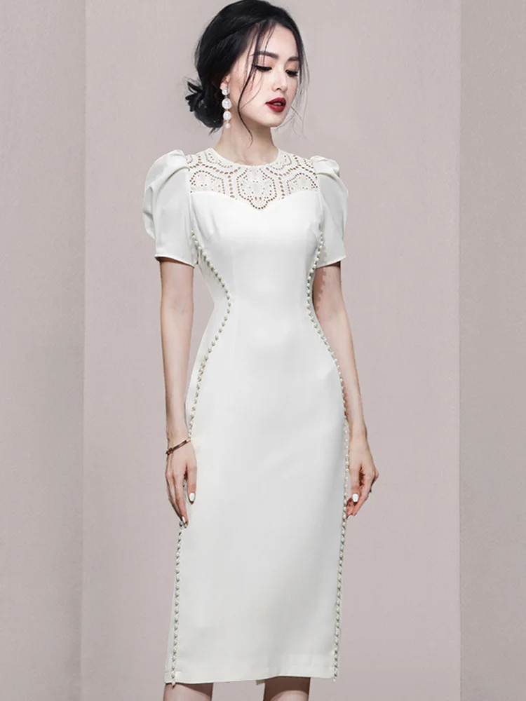 Элегантное вечернее платье Летнее белое кружевное однорядное Платье-футляр с