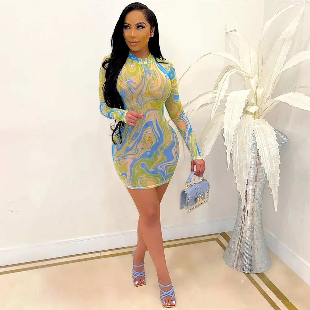 

Luxury Party Dress Prom Mini Long Sleeve Gauze Printing Bodycon Fashion Dresses Club Evening Birthday Dresses New 2022 Vestido