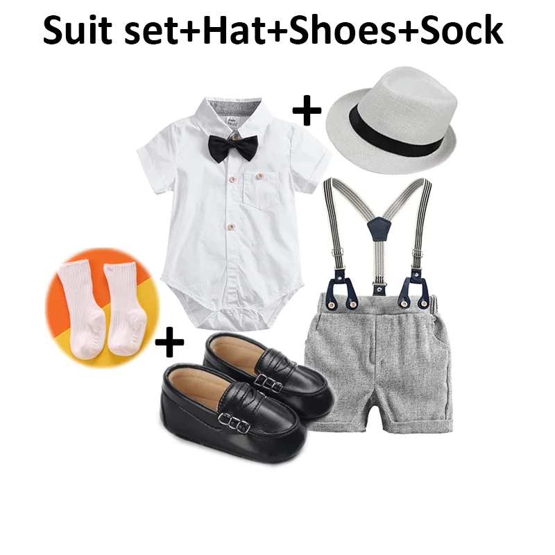 

Gentleman Clothes for Baby Boy Newborn Romper + Suspender Pants Shoes Sock Jazz Hat Summer Infant