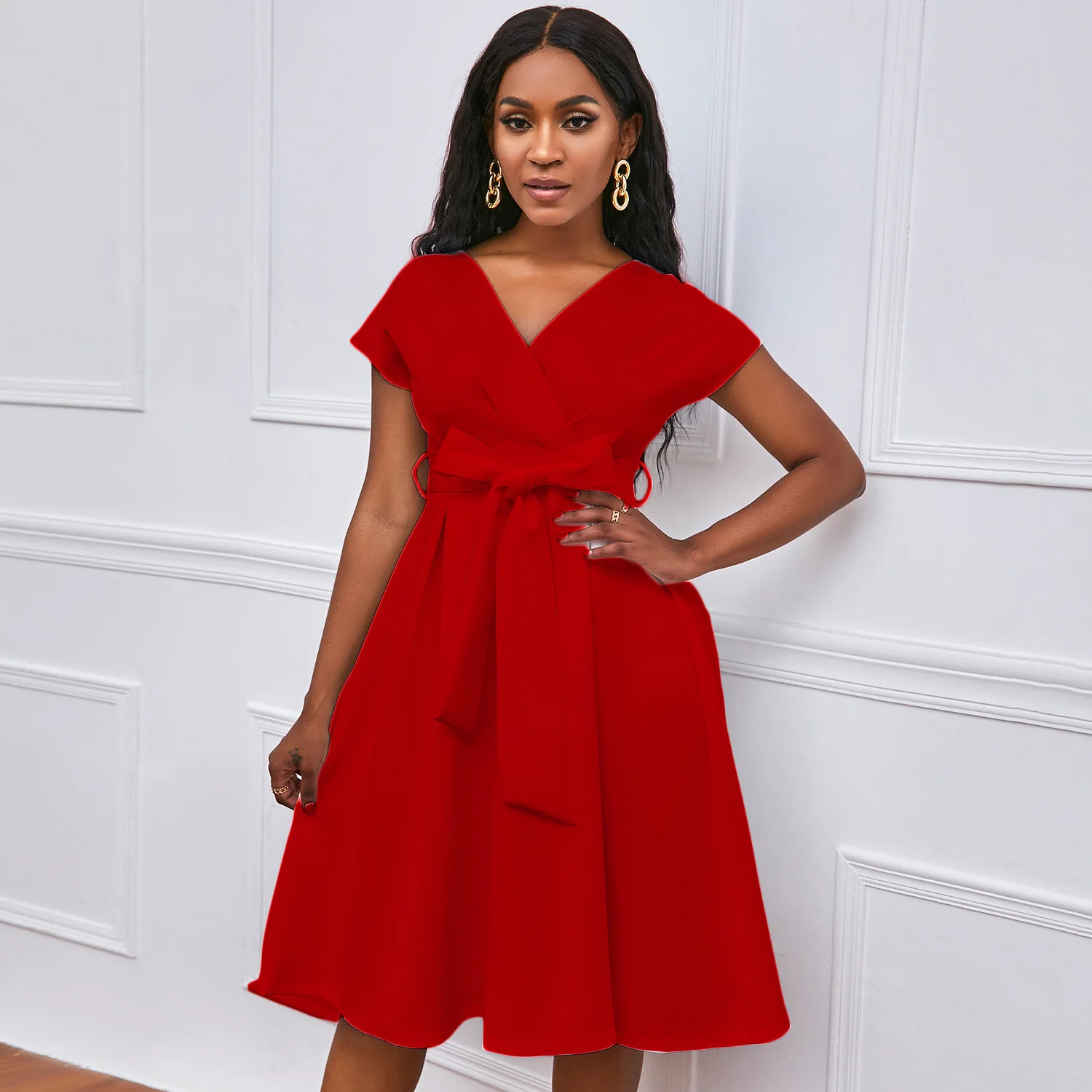 

Summer Women’s Floal A-Line Dress Sweet Elegant Solid Ruffles V-neck Bandage Short Dress for Lady Chic Female Mini Dress