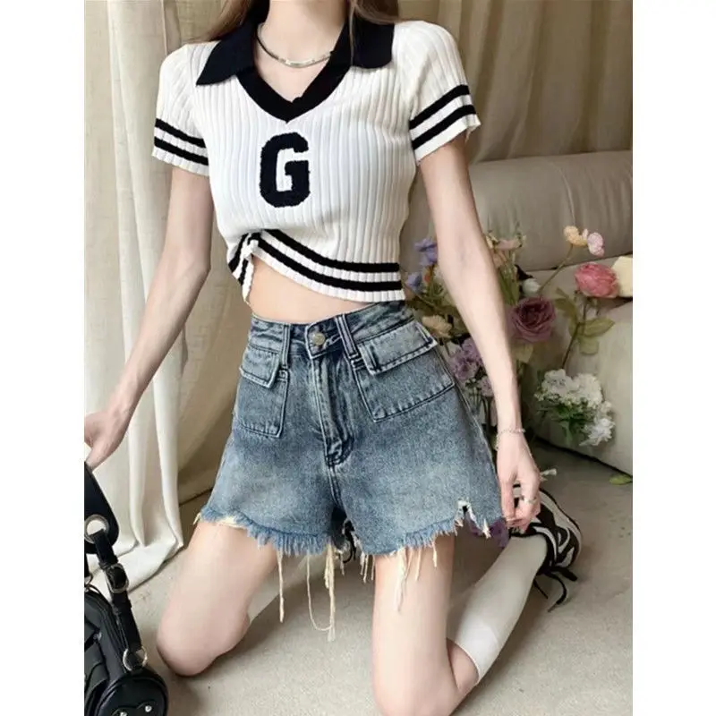 Y2k Shorts For Women Short Jeans Raw Edge Light Blue Baggy 2000s Korean Style Fashion High Waist Straight 2023 Mini Denim Pants