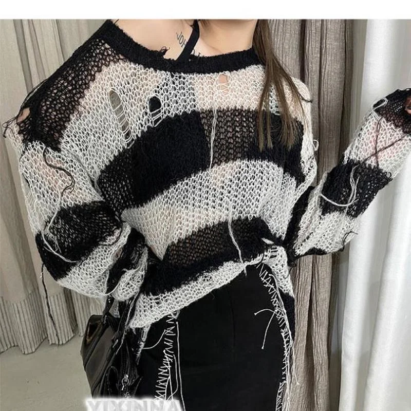

Drunge Style O Neck Thin Hollow Out Women Sweaters Striped Loose Harajuku Korean Gothic Fashion Sweater Casual Knitted Top Goth