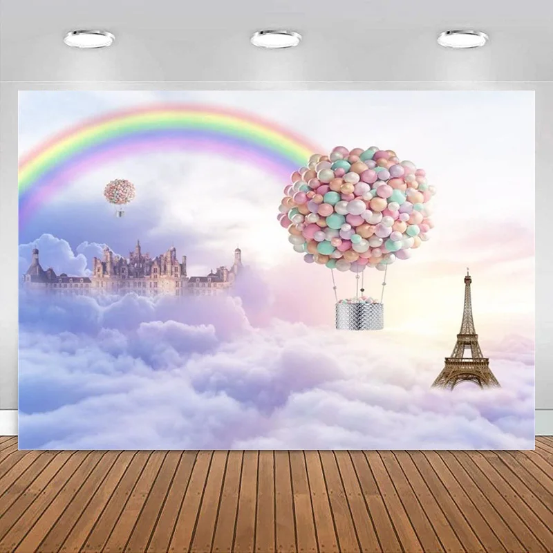 Castle Hot Air Balloon Photography Backdrop Rainbow Eiffel Tower Background Sky Clouds Girl Kids Baby Birthday Banner Decoration