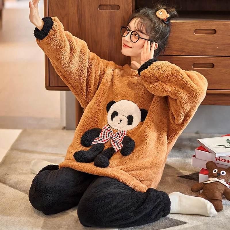 Winter Pajamas Coral Fleece Loose Version Pajama Set Inspissate Flannel Women Sleepwear Pullover Plus Size Cartoon Plush