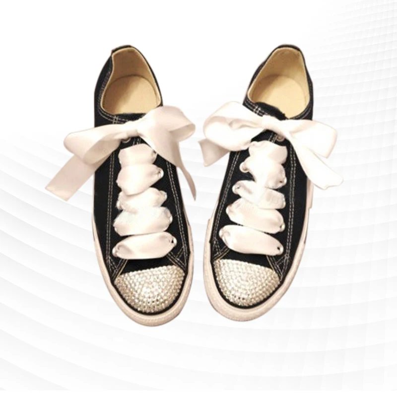 

White Ribbon Rhinestone Black Low Top Walking Canvas Shoes Comfortable Handmade Rhinestone Vulcanized Shoes 35-46