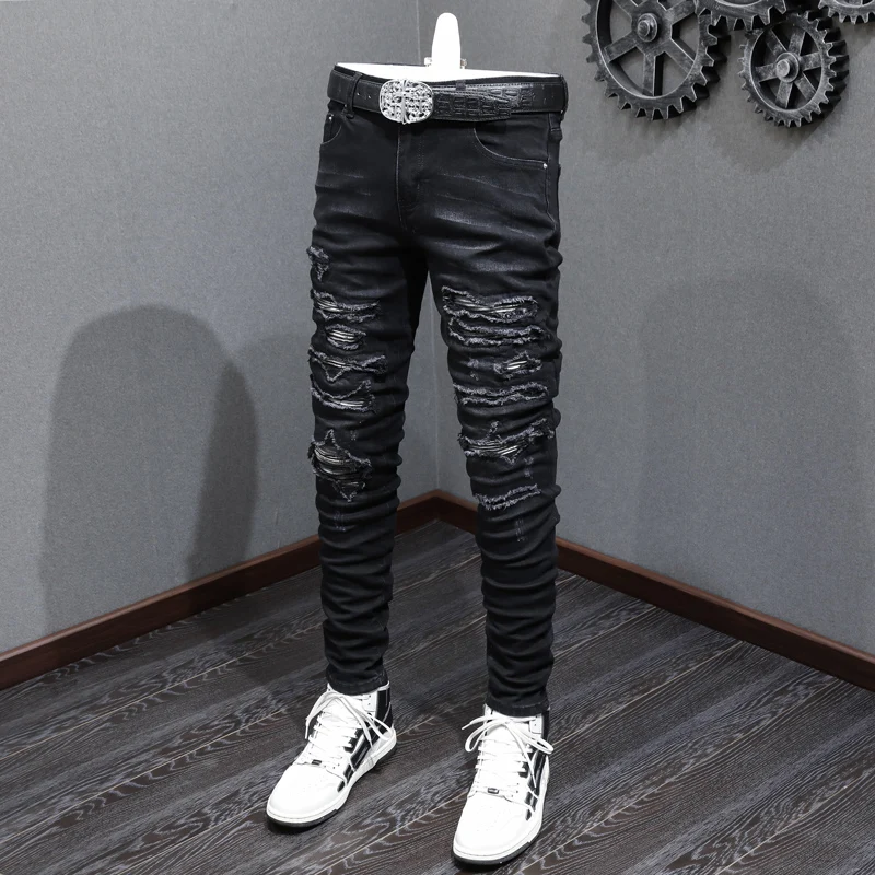 Street Fashion Men Jeans Retro Black Gray Elastic Stretch Skinny Broken Ripped Jeans Men Patched Designer Hip Hop Brand Pants