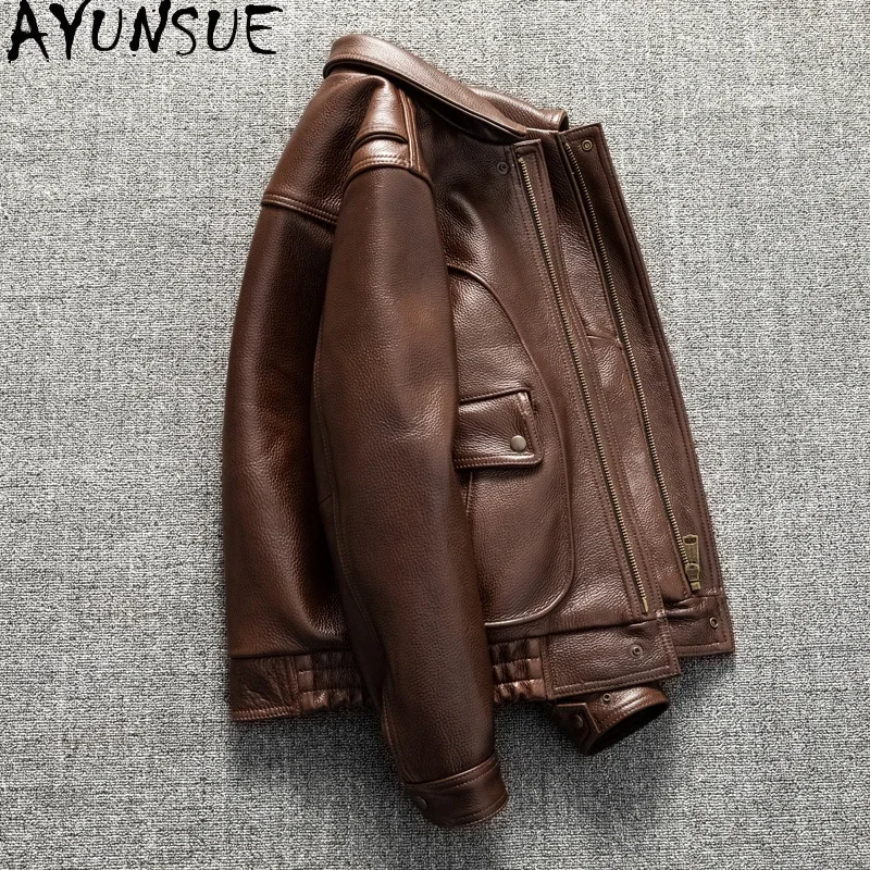 Мужская короткая куртка из натуральной воловьей кожи с воротником лацканами