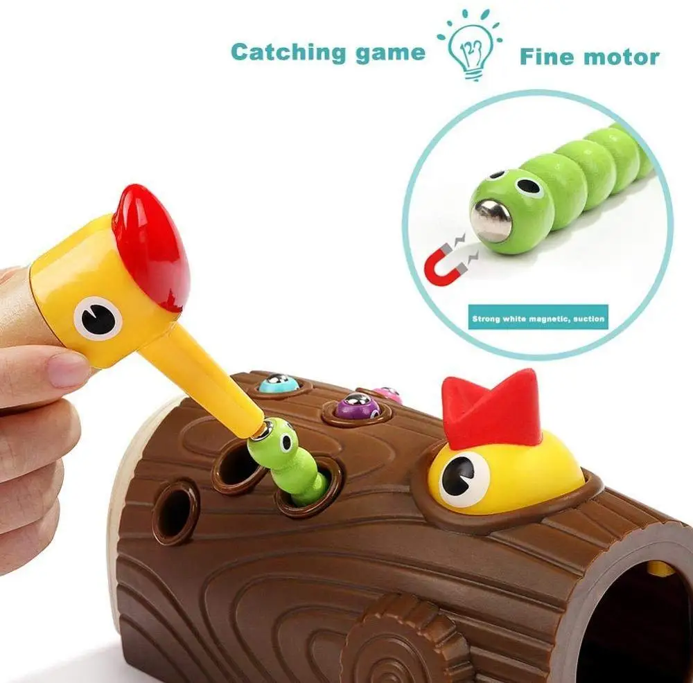 

Wooden Magnetic Woodpecker Catch Caterpillar Worms Game Educational Kids Cogniton Toy Develop Fine Preschool Toys Gifts