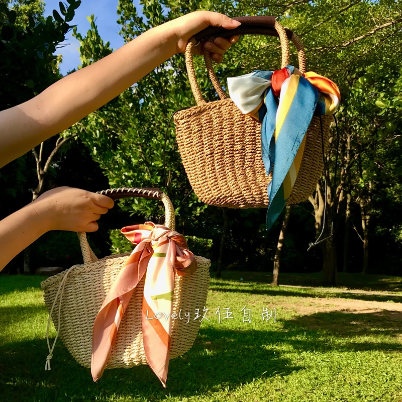 

Original Designer Pure Handmade Silk Scarf Basket Bag Natural Straw Woven Handheld Handbag Women Summer Holiday Beach Bag