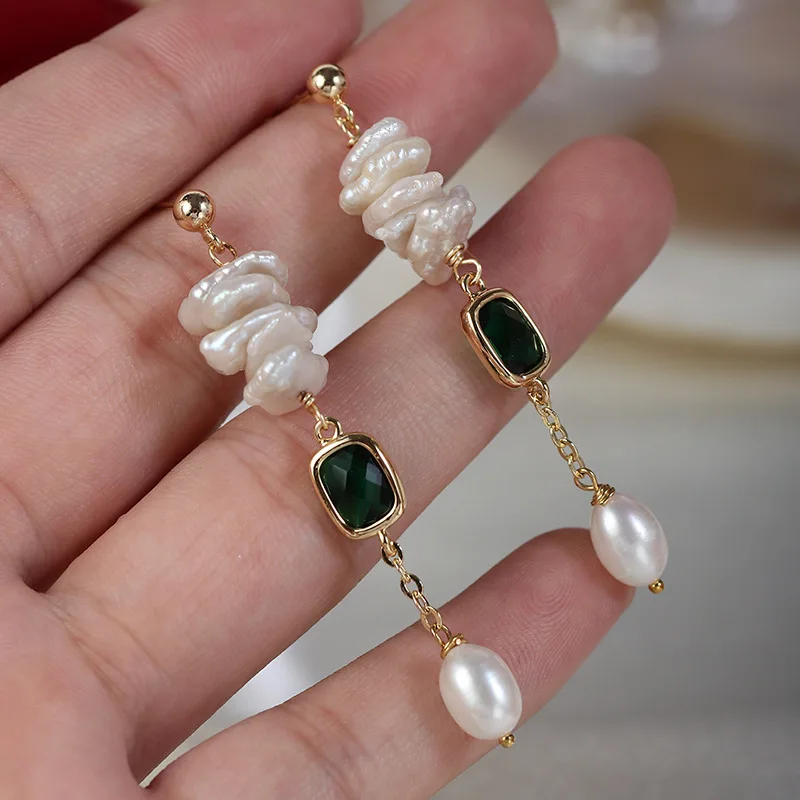 

Vintage Natural Pearl Earrings for Women Jewelry Square Green Crystal Stone Charm Irregular Baroque Pearls Drop Earrings Bohemia
