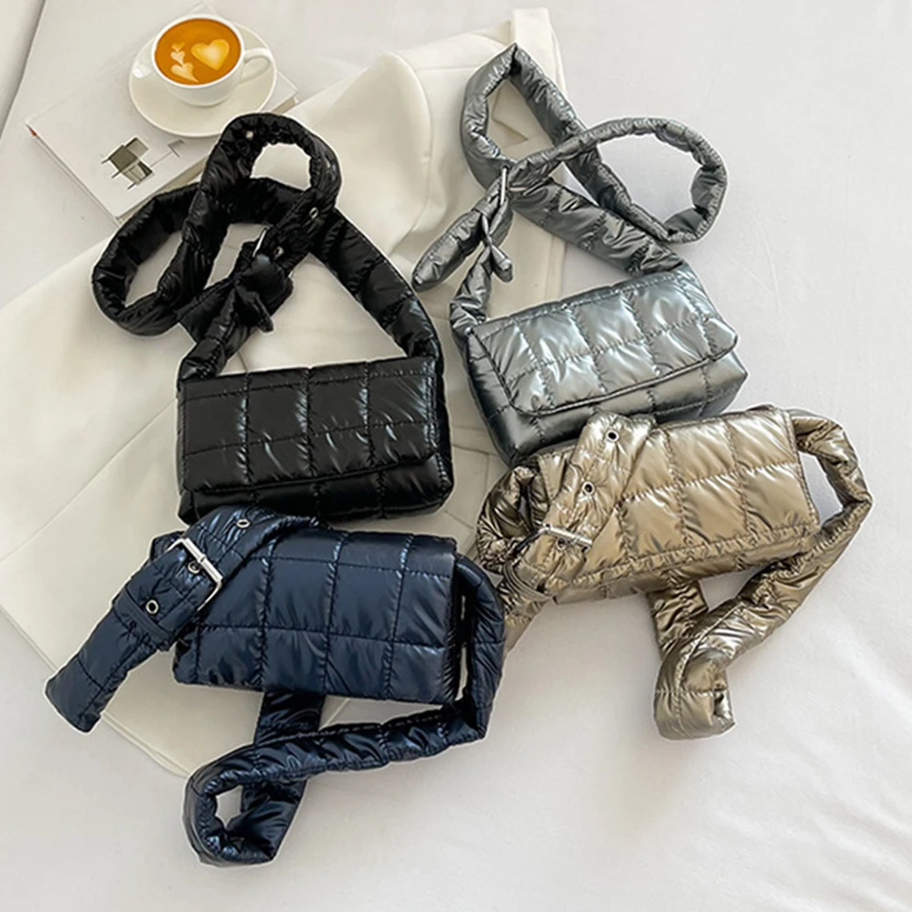 

Fashion Nylon Quilted Crossbody Bags for Women 2023 Designer Cotton Padded Shoulder Bag Space Phone Flap Purses and Handbags New