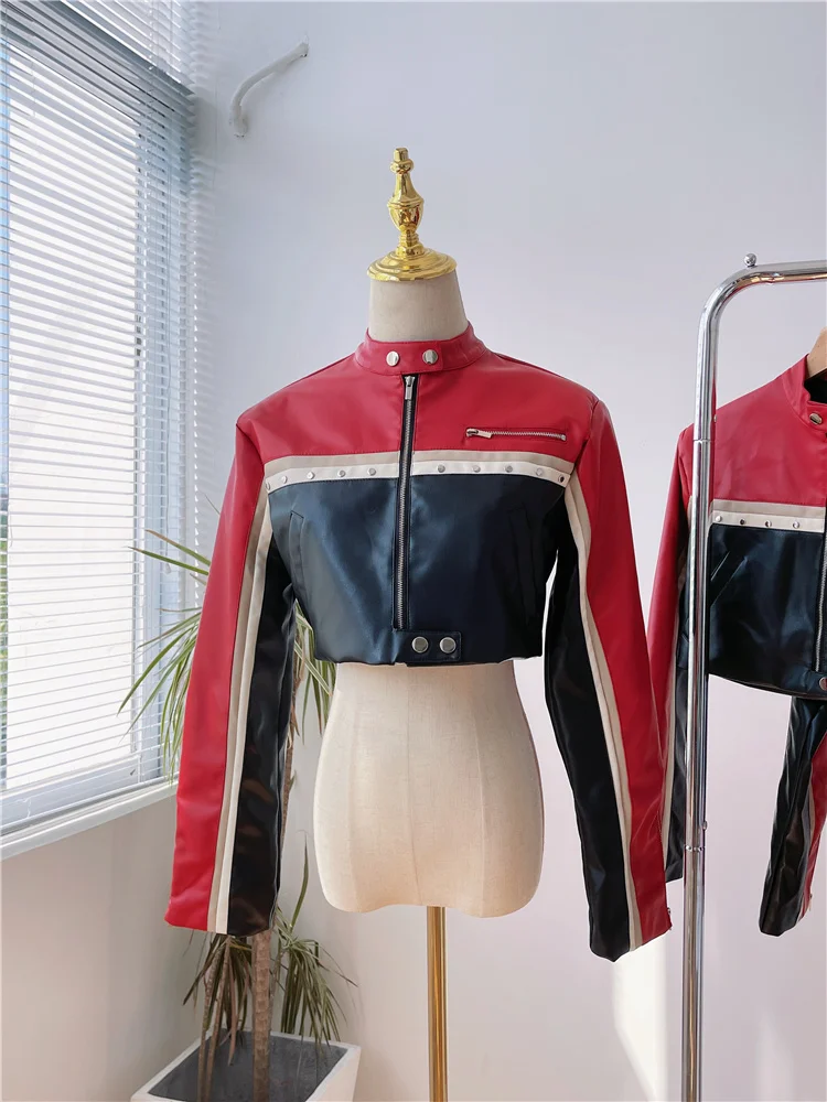 

BULOCHOVA Patchwork Color Motorcycle Girls PU Leather Short Jacket Women Fashion Stand Neck Zipper Slim Thin Coat 2023 New